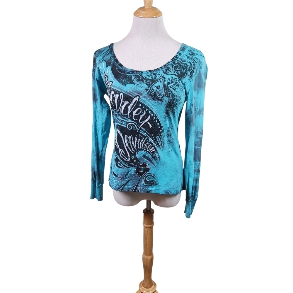 Harley Davidson Blue Tye Dye Shirt Size S, Beautiful Turquoise Black Design